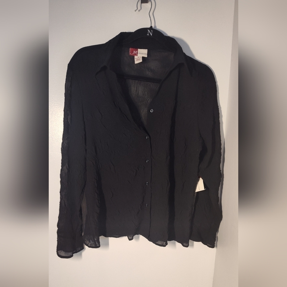 NWT JM Collection Black Sheer Button-Up Blouse Size 10 #704